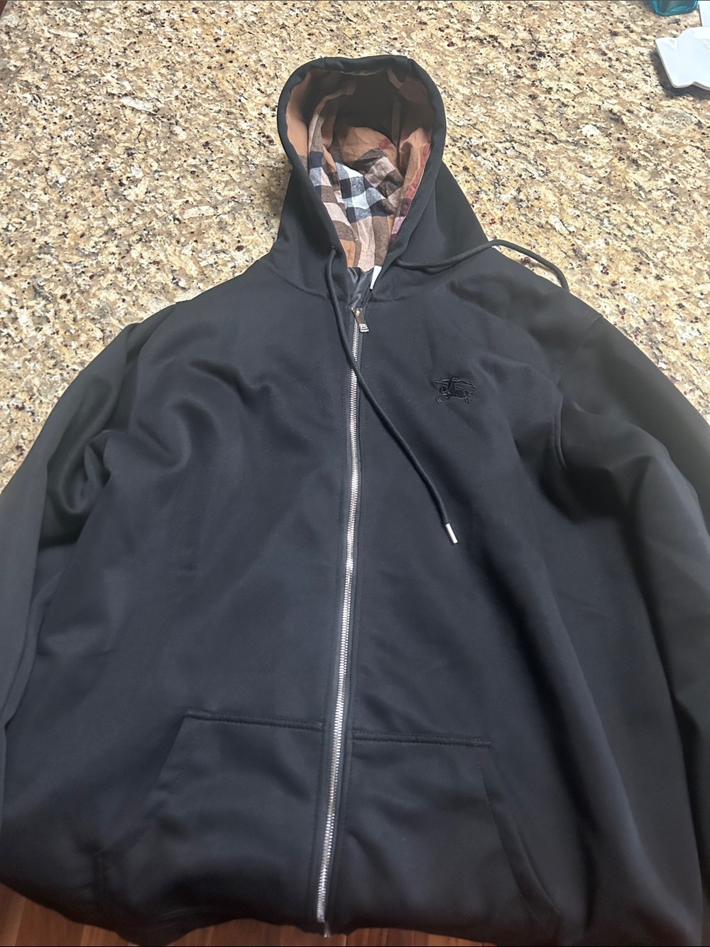 Black Hooded Zip Jacket with Plaid Lining